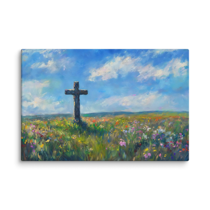Christian wall art canvas of a wooden cross in a field of colorful wildflowers under blue sky