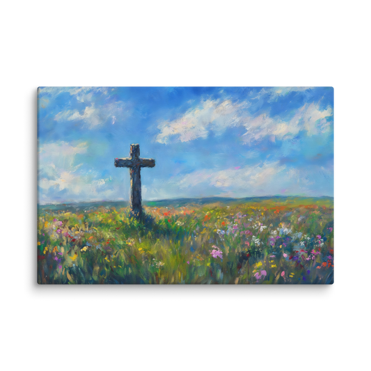 Painting of wooden cross in a vibrant wildflower field under a bright blue sky – Field of Faith Christian Canvas Wall Art.