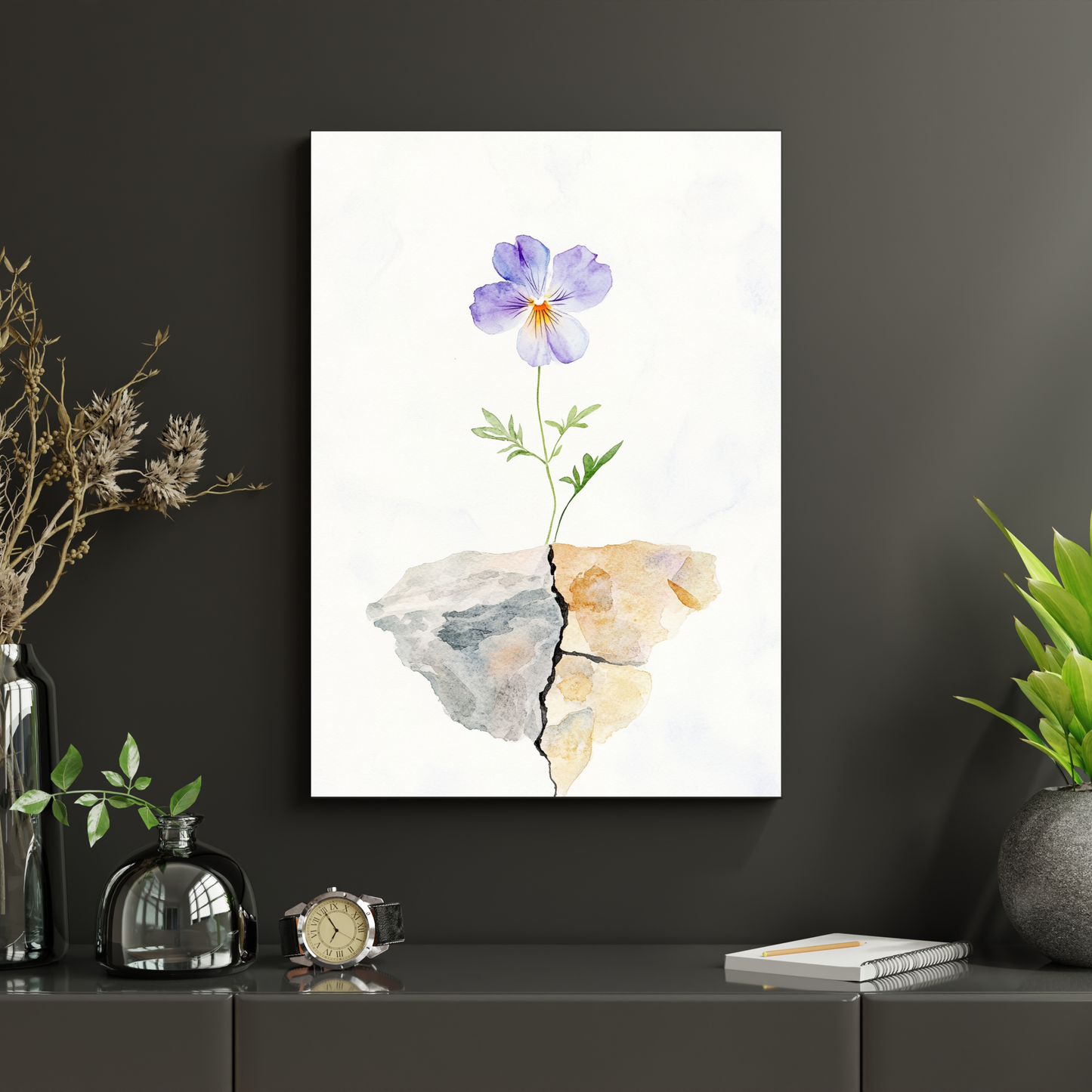 Minimalist canvas wall art with a purple flower growing from cracked stone, peaceful decor