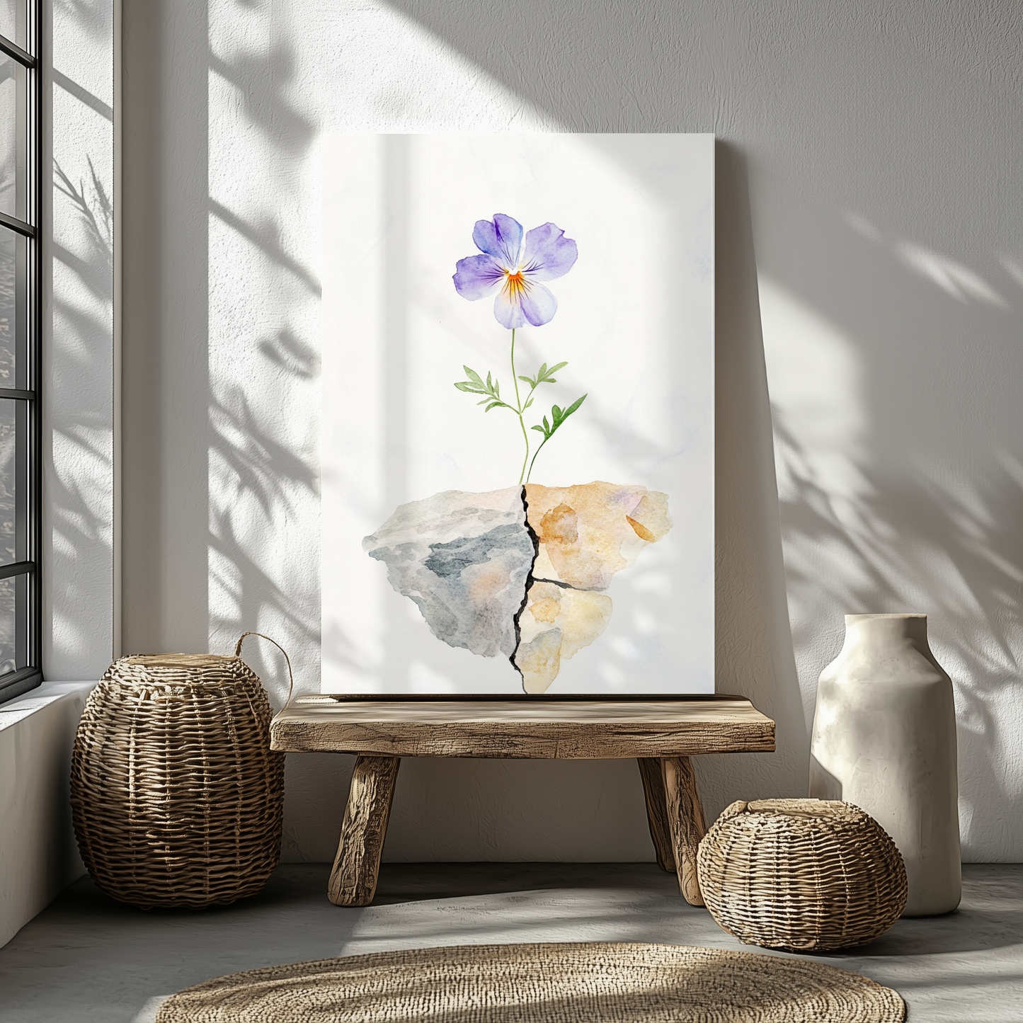 Minimalist canvas wall art with a watercolor purple flower growing from cracked stone, in a serene sunlit room.