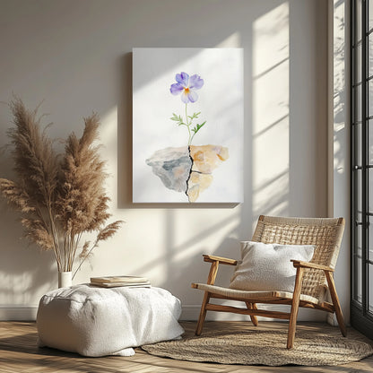 Minimalist floral canvas art with a purple flower growing from cracked stone, in a serene sunlit living room.