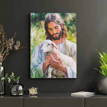 Christian wall art canvas showing Jesus holding a lamb in a peaceful, nature setting