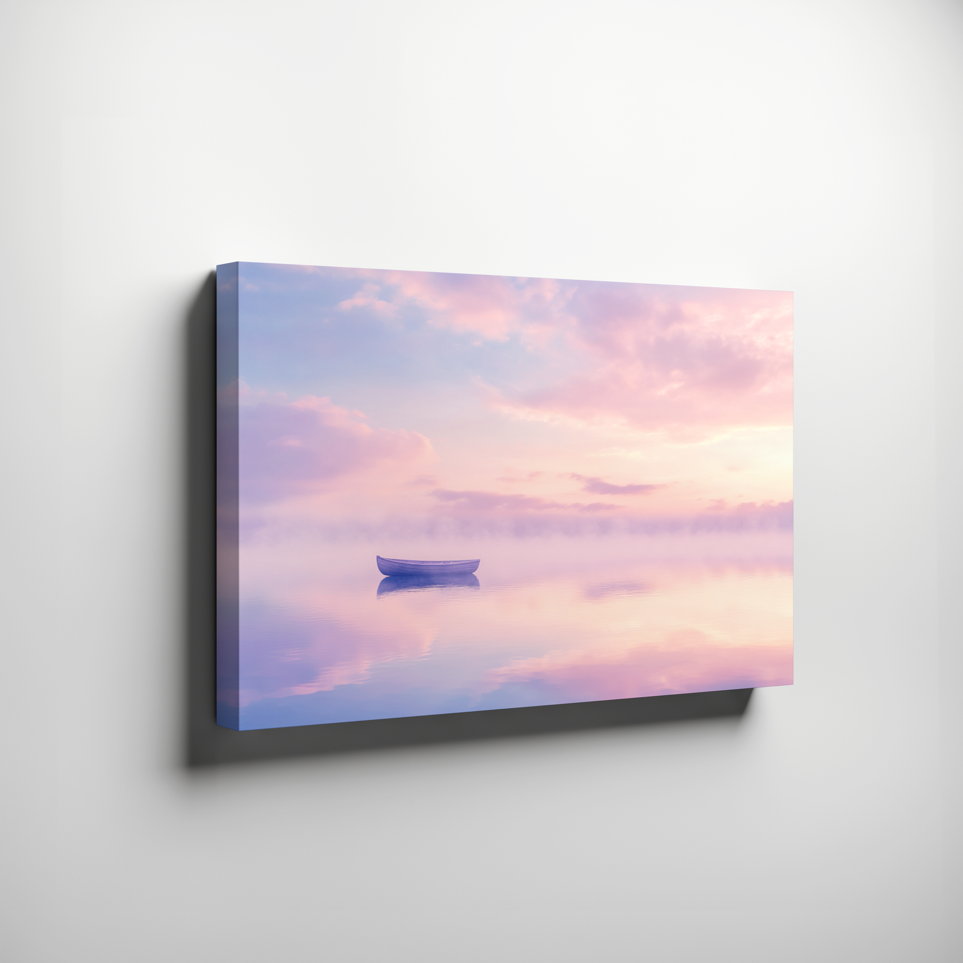 Pastel lake sunset canvas wall art with serene boat and soft pink, purple sky reflection