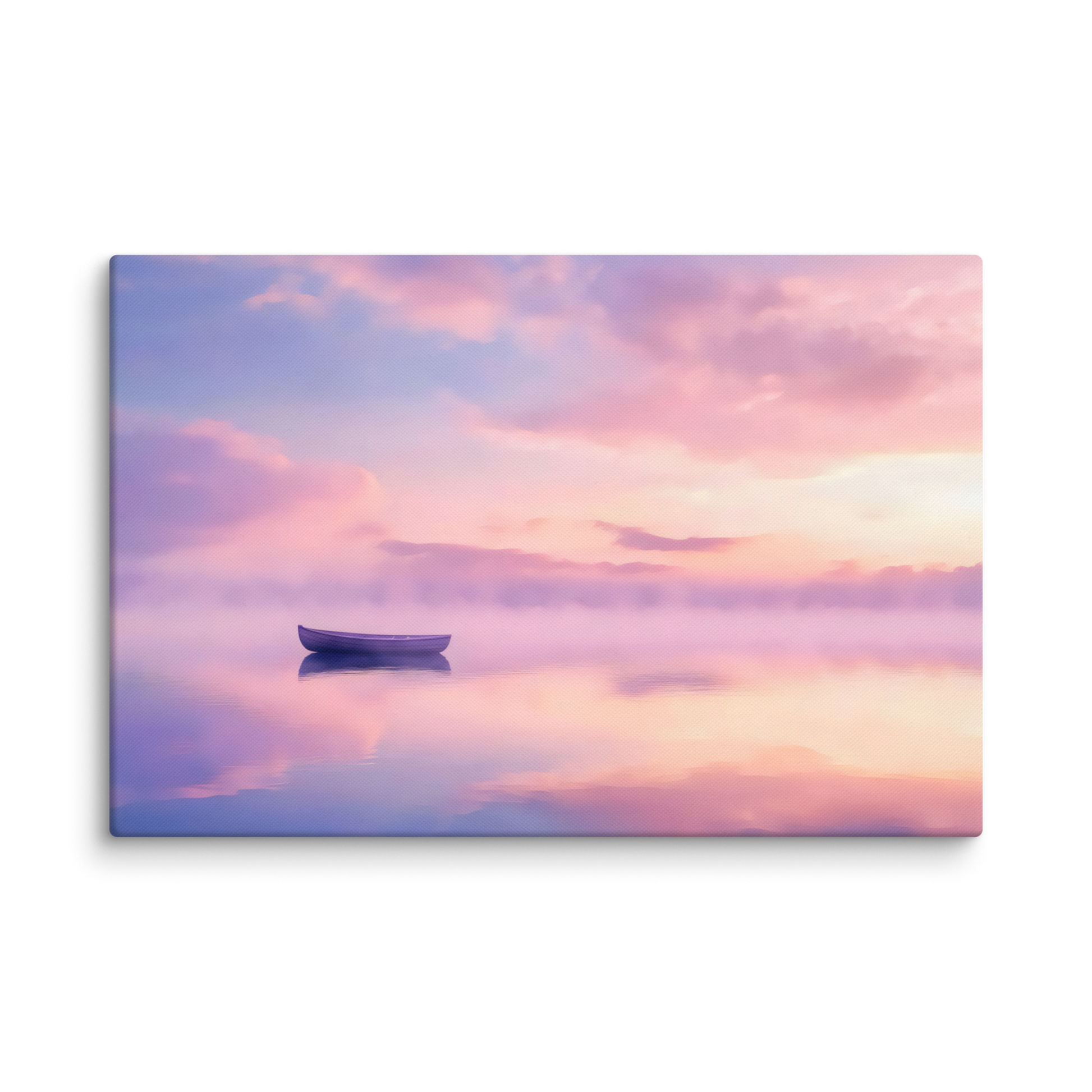 Pastel lake sunset canvas art with a tranquil boat and soft clouds, peaceful wall decor