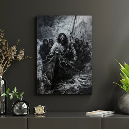 Christian wall art depicting Jesus calming the storm with disciples in a boat, monochrome style
