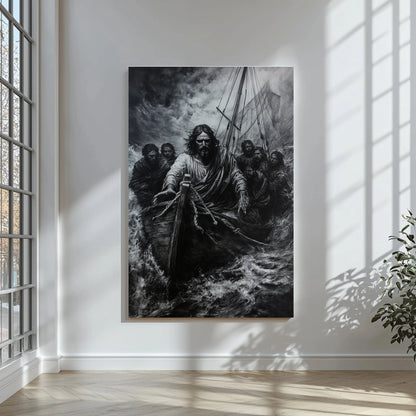 Christian wall art featuring Jesus calming the storm with disciples in a boat, black and white canvas