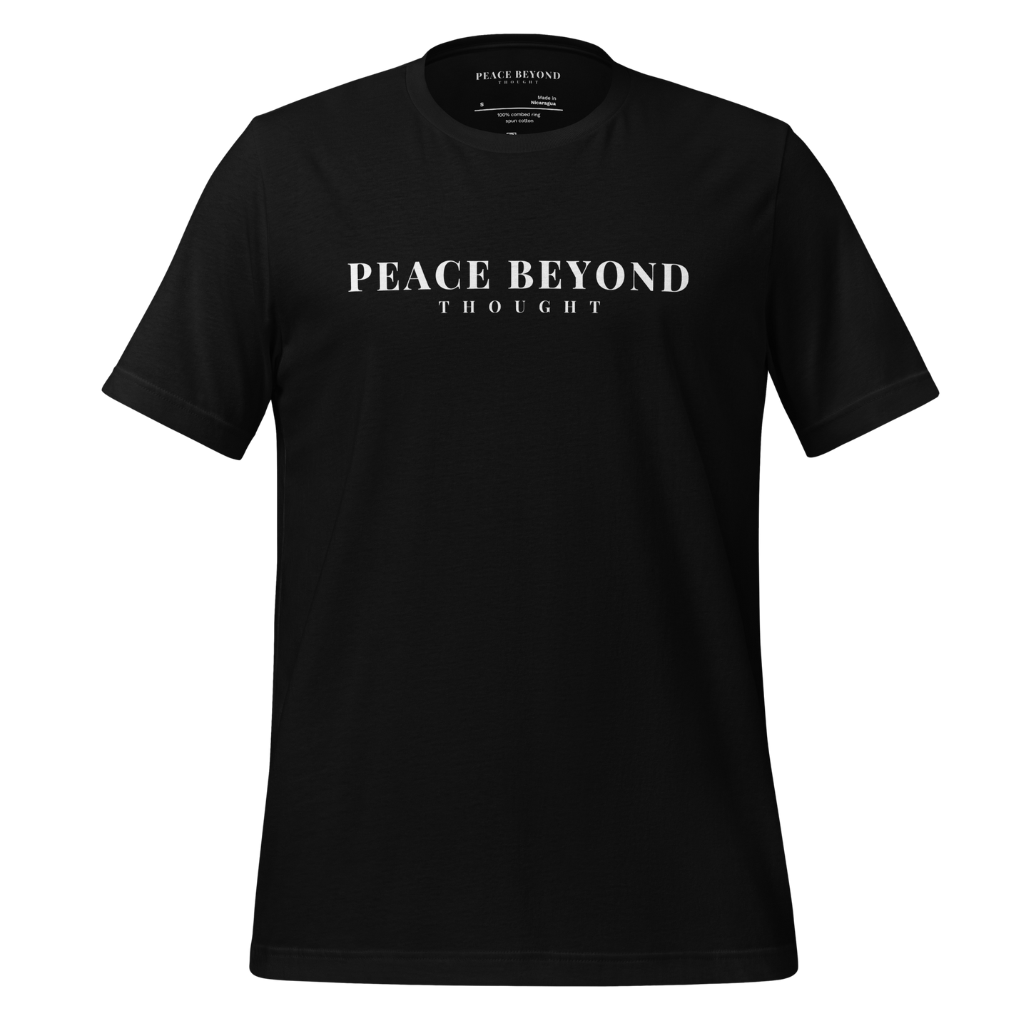 Black T-shirt with the words “Peace Beyond Thought” in minimalist bold typography – official PeaceBeyondThought contemplative brand apparel.