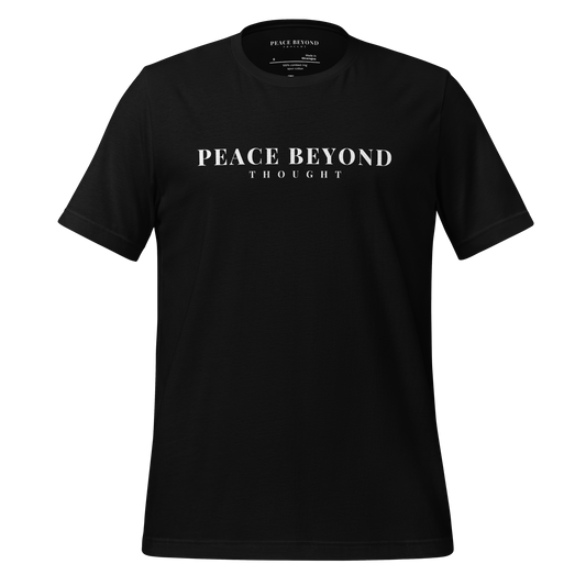 Black T-shirt with the words “Peace Beyond Thought” in minimalist bold typography – official PeaceBeyondThought contemplative brand apparel.