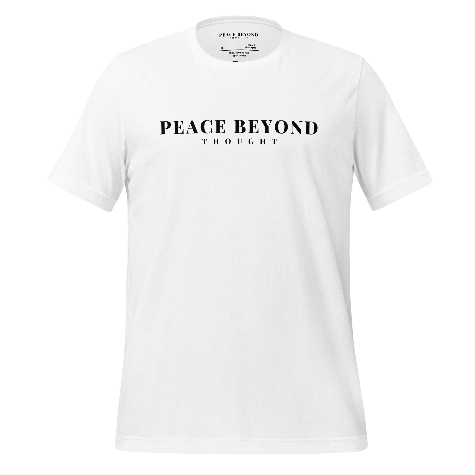 White T-shirt with the words “Peace Beyond Thought” in minimalist bold typography – official PeaceBeyondThought contemplative brand apparel.