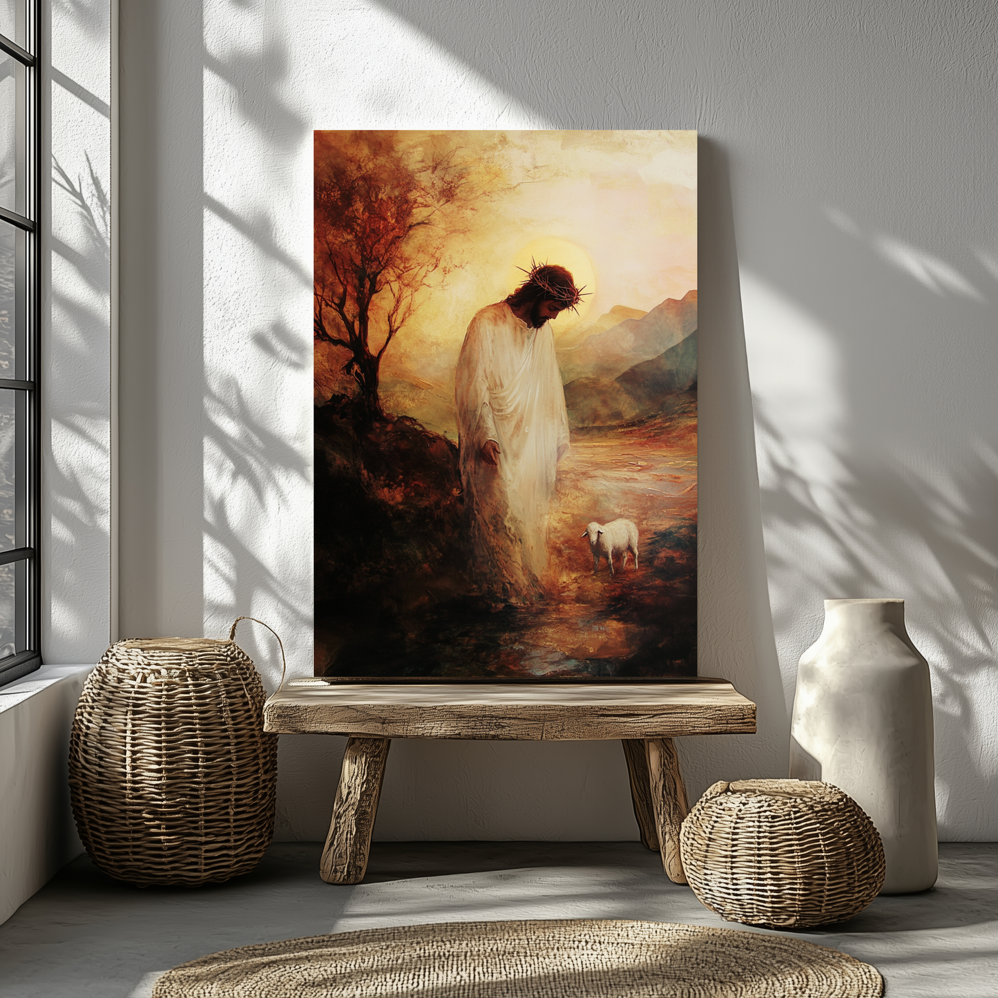 Christian wall art showing Jesus with crown of thorns and lamb, serene landscape background