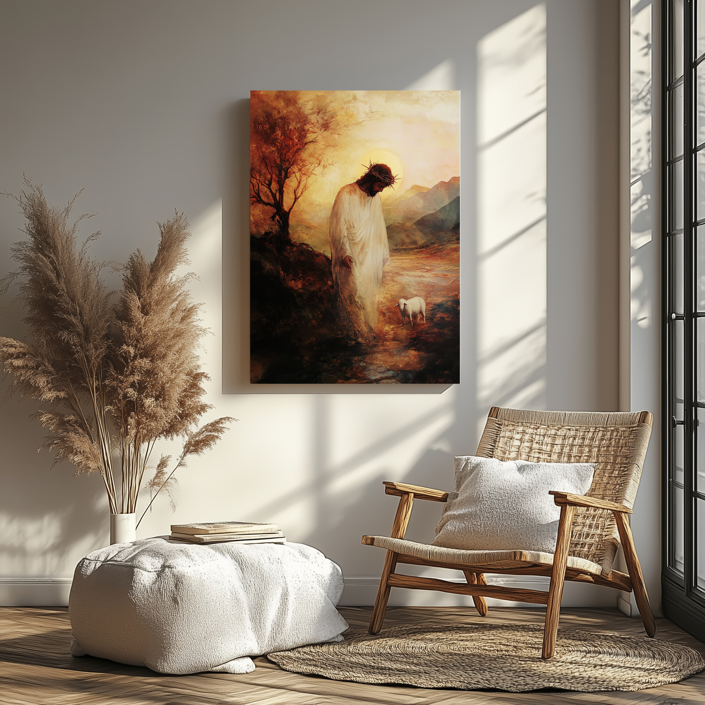 Jesus crown of thorns wall art canvas in serene living room with neutral decor and natural light