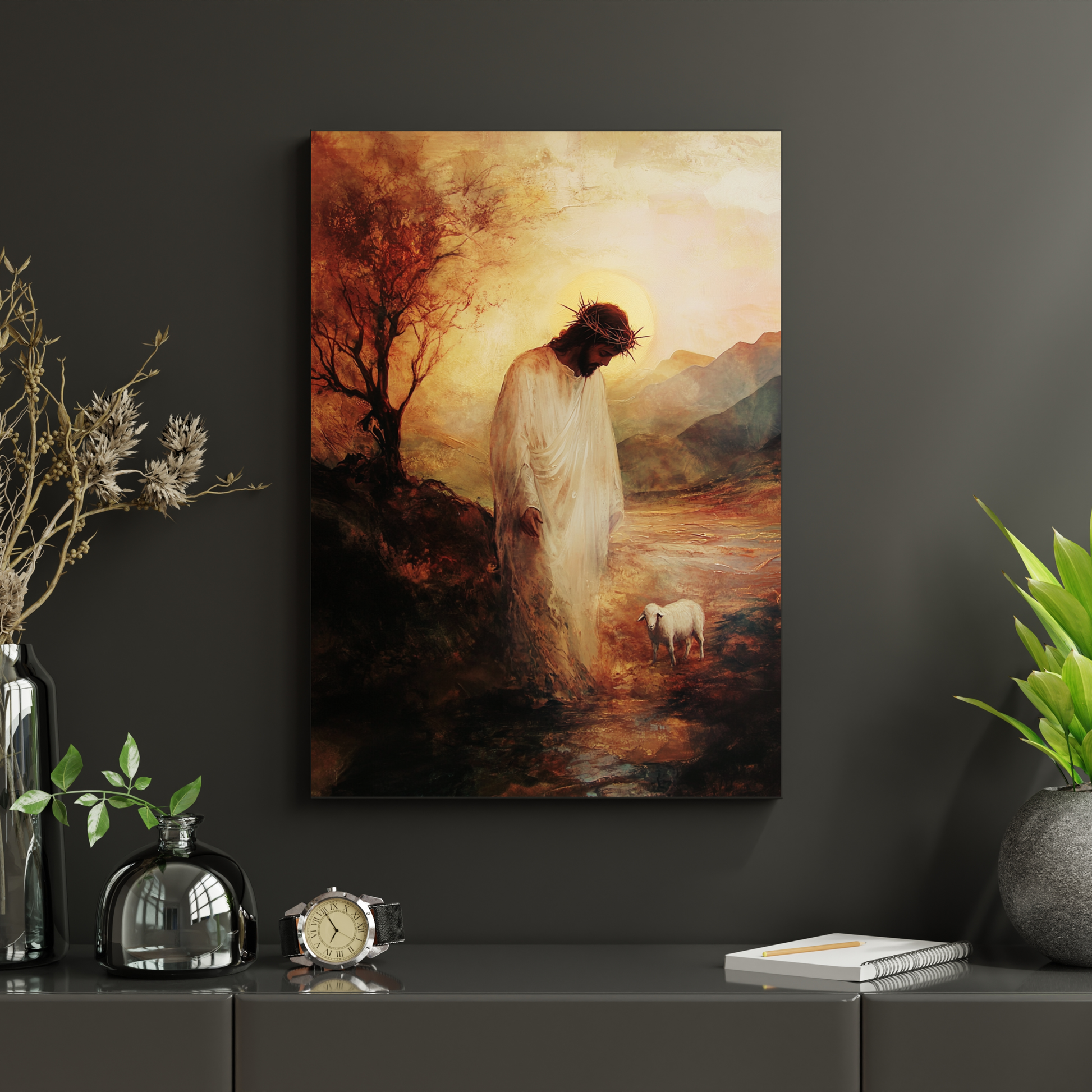 Christian wall art of Jesus in a white robe with a lamb, sunrise landscape background