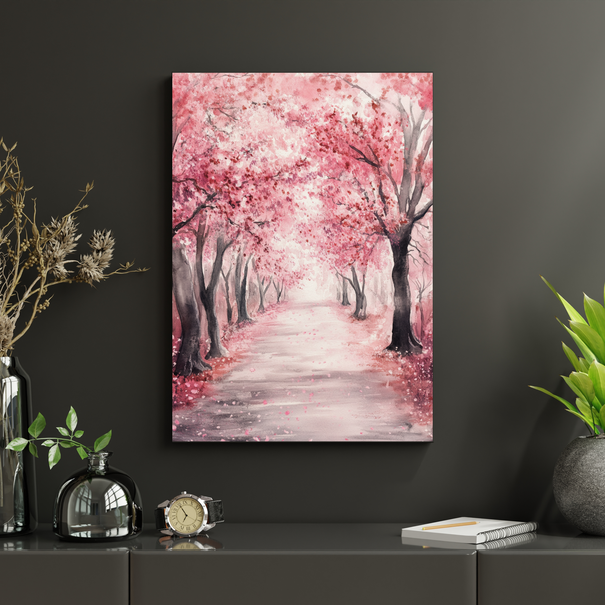 Wall art of a peaceful cherry blossom path with blooming pink trees, serene home decor
