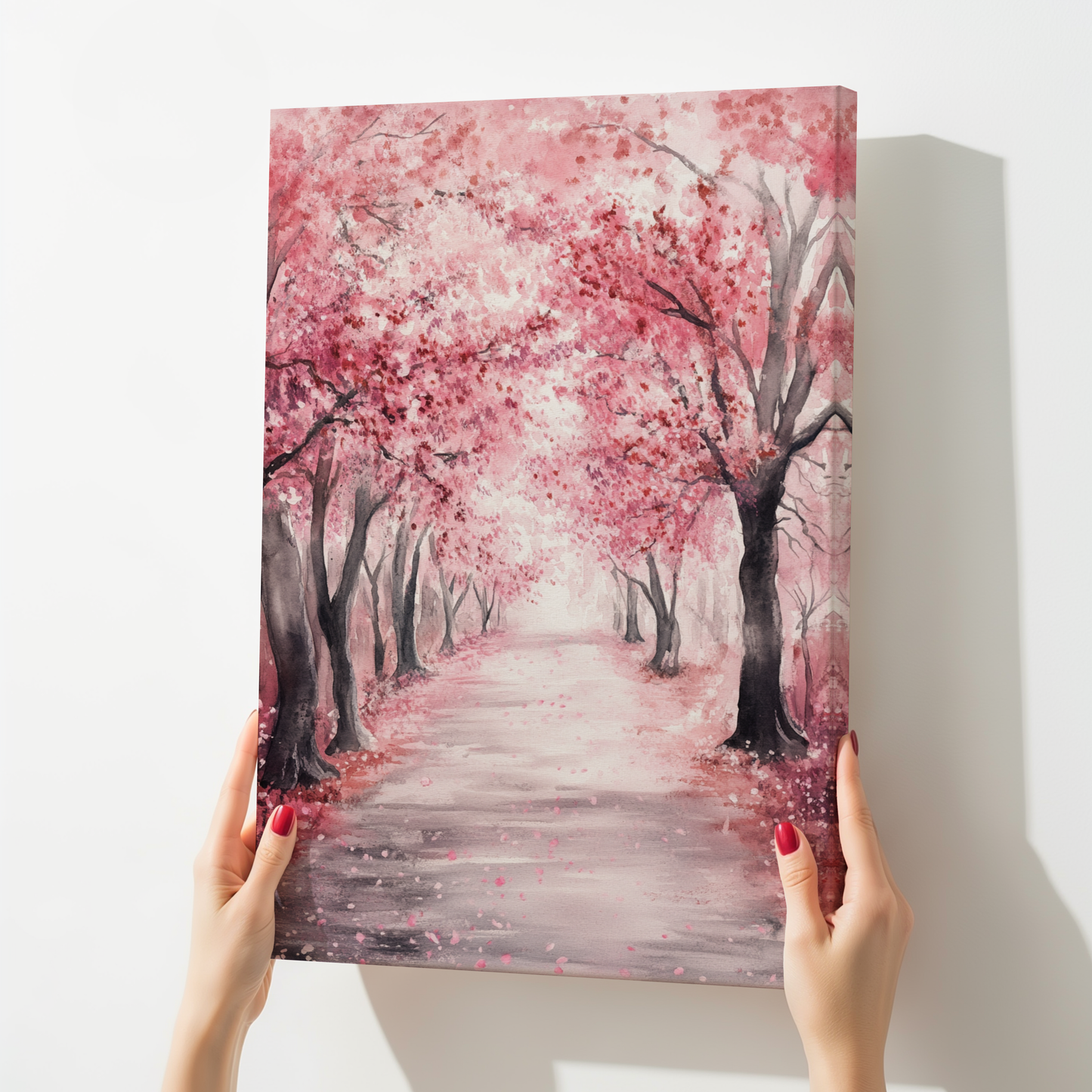 Hands holding canvas wall art depicting a peaceful cherry blossom path in soft pink tones