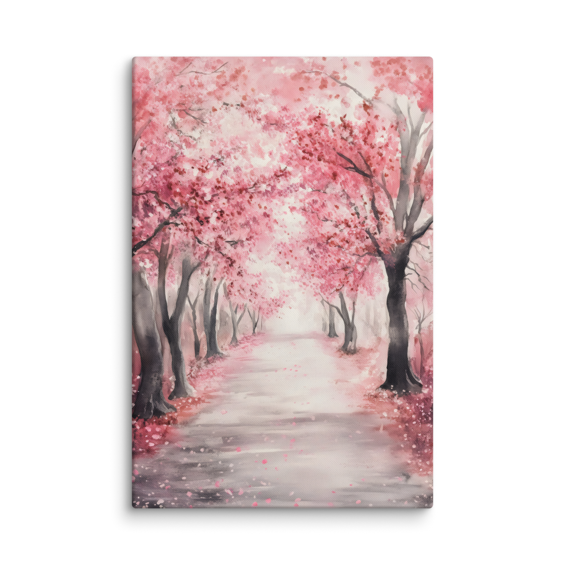 Sakura cherry blossom path canvas art with pink trees and peaceful misty walkway