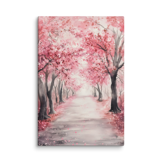 Sakura cherry blossom path canvas art with pink trees and peaceful misty walkway