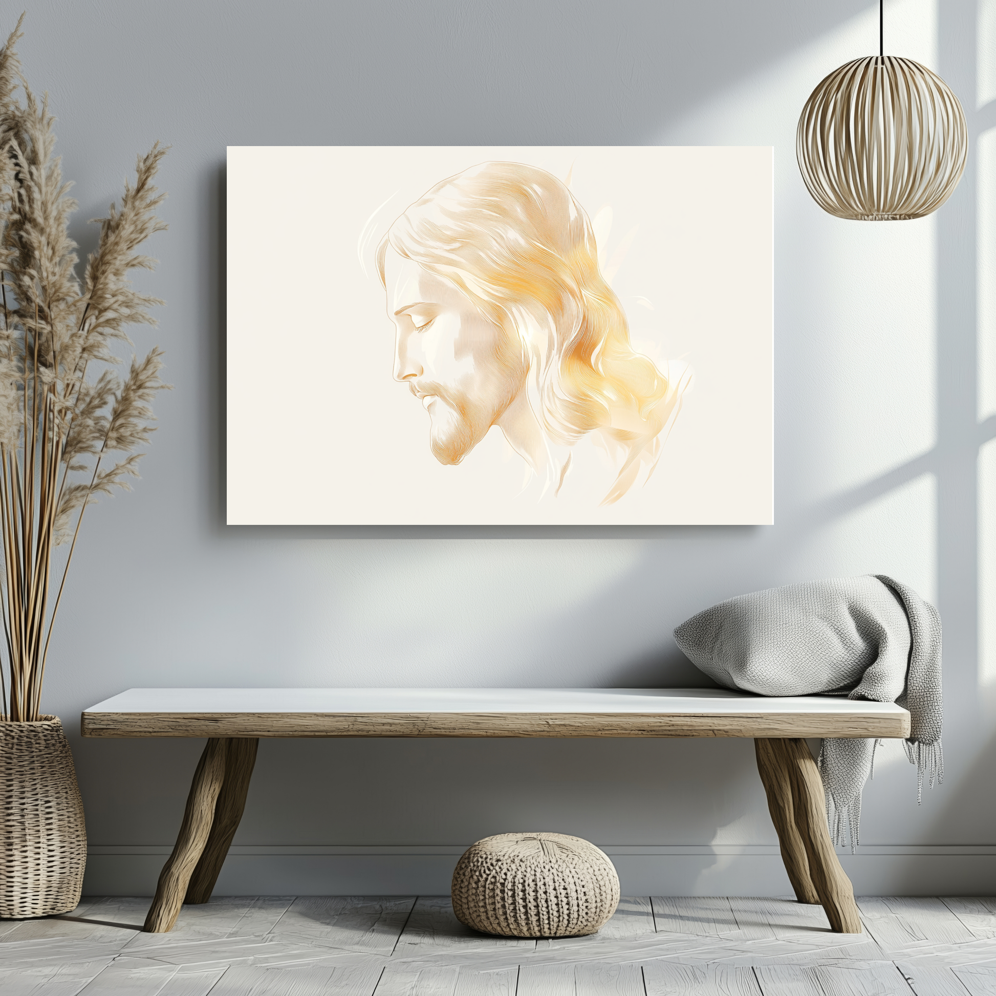 Minimalist Jesus profile canvas art with soft golden hues in a serene modern living room