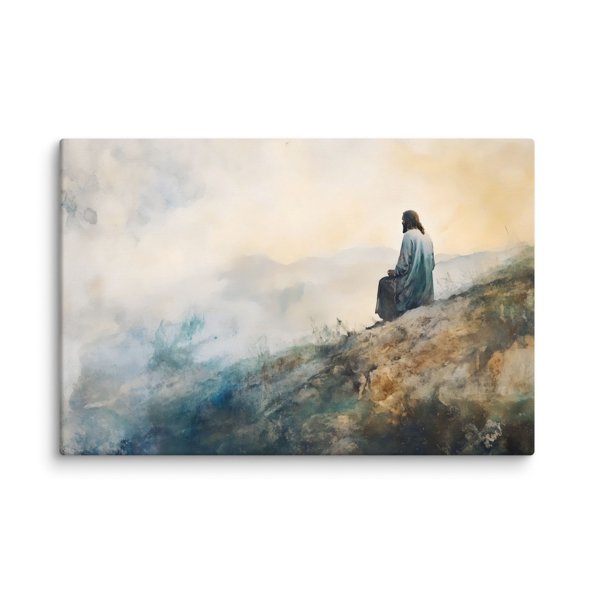 Painting of Jesus sitting peacefully on a mountainside overlooking a vast misty valley landscape — Serene Overlook Canvas Art.