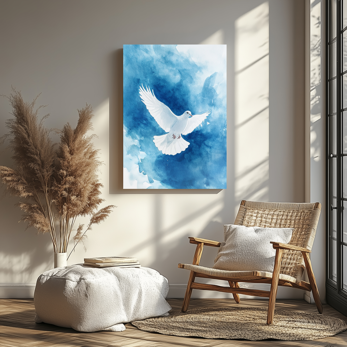Christian wall art of a white dove on blue canvas in peaceful, natural living room decor