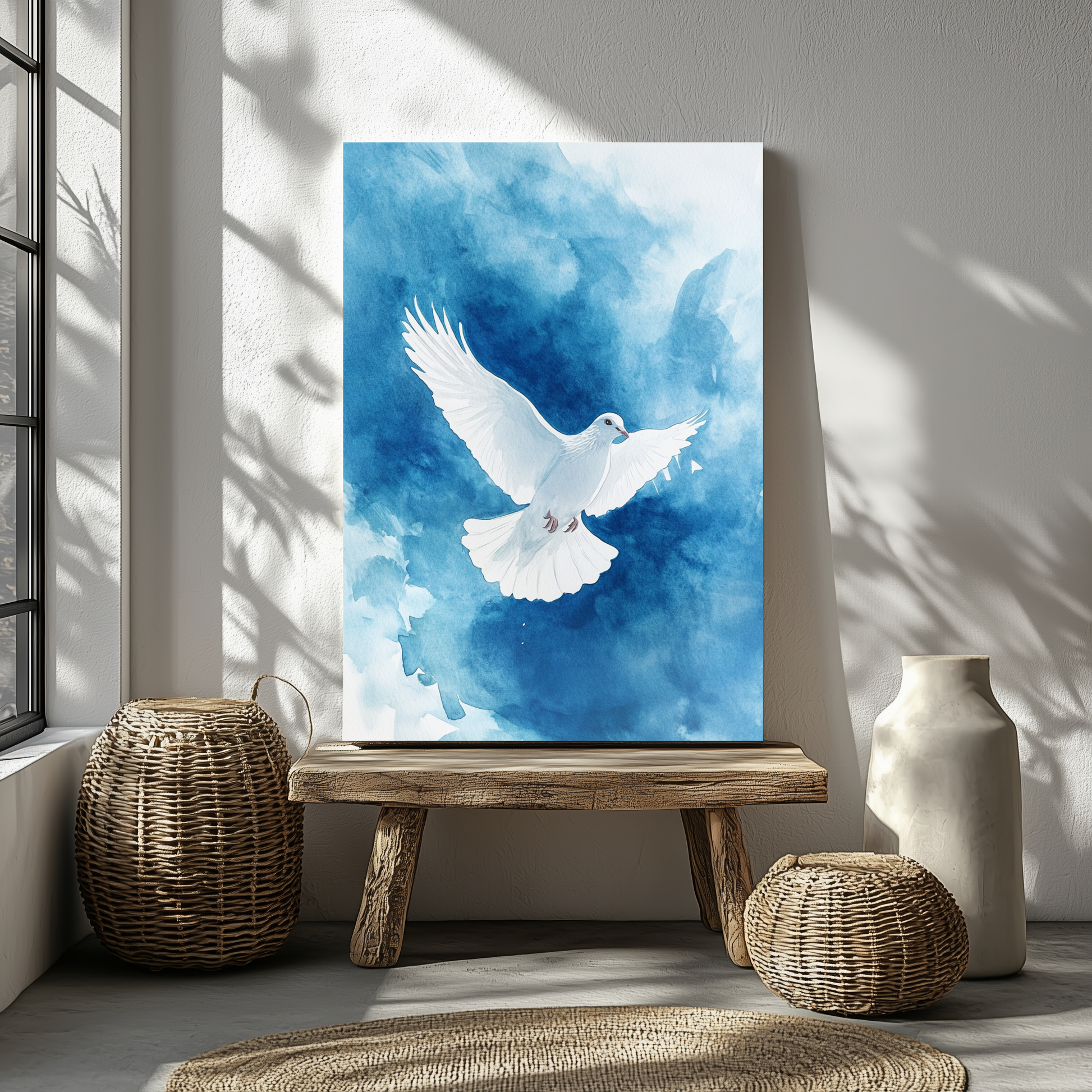 White dove canvas wall art with blue watercolor background in peaceful home decor setting