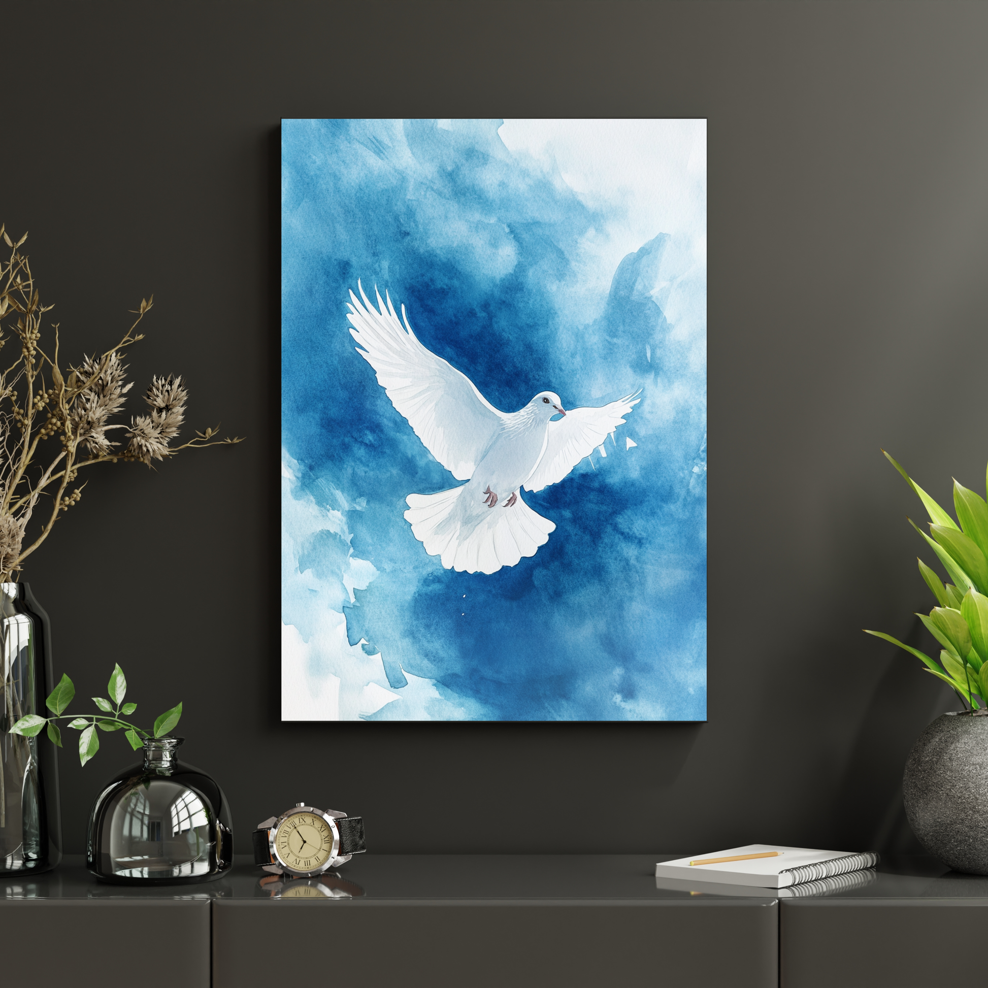 Watercolor canvas of a white dove in flight on a blue abstract background, wall art decor