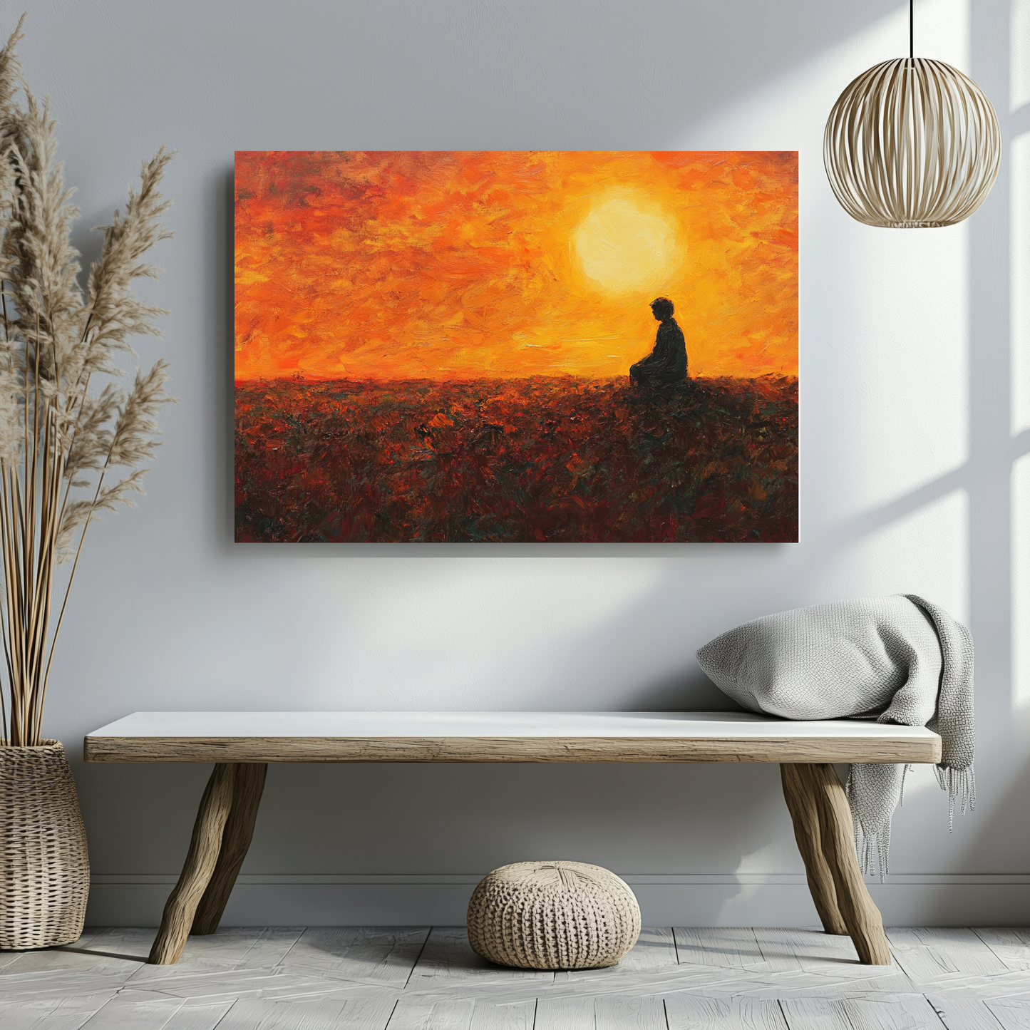 Meditative figure silhouette on sunset canvas art, orange sky wall decor in serene room