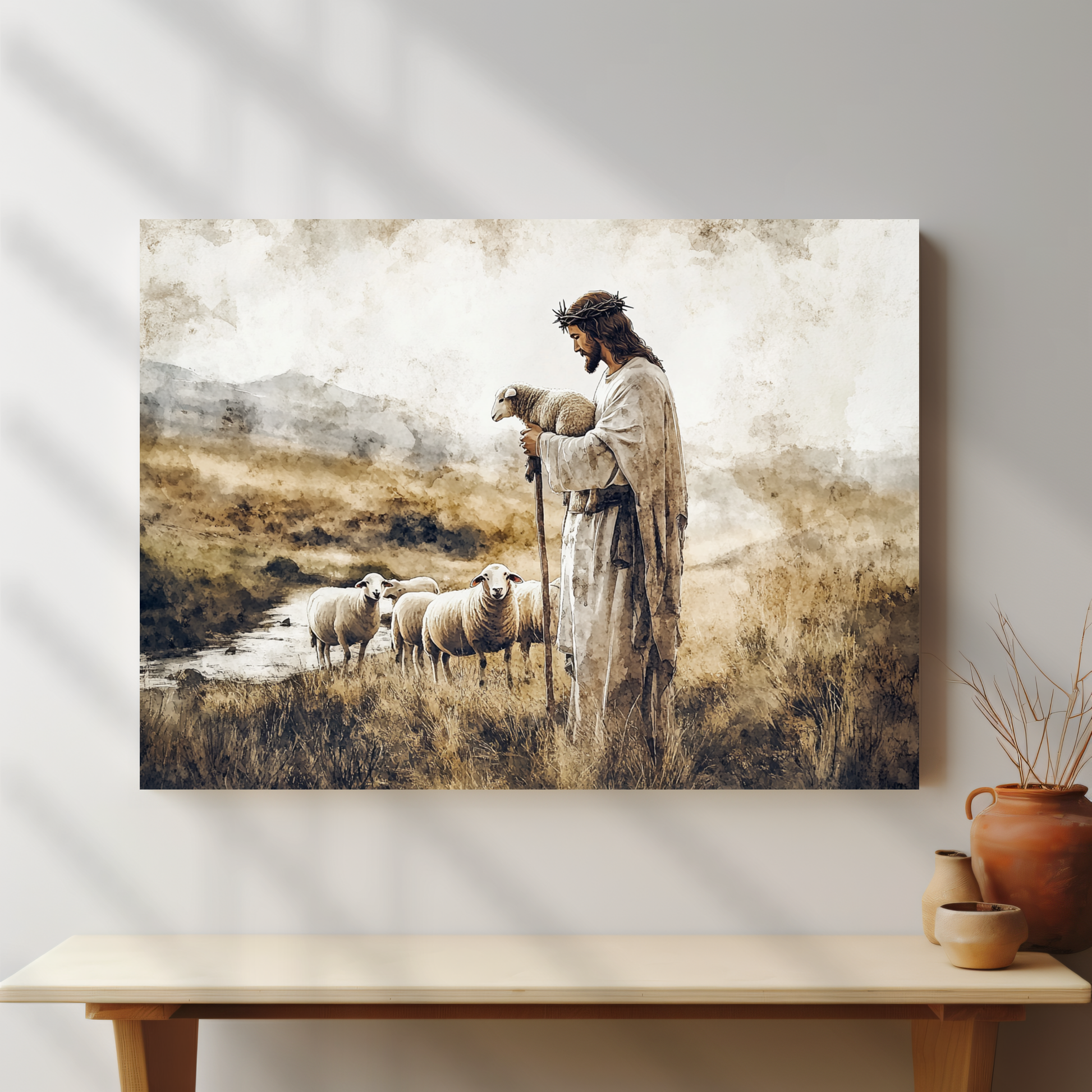 Christian wall art of a shepherd guiding sheep in a peaceful landscape, canvas decor