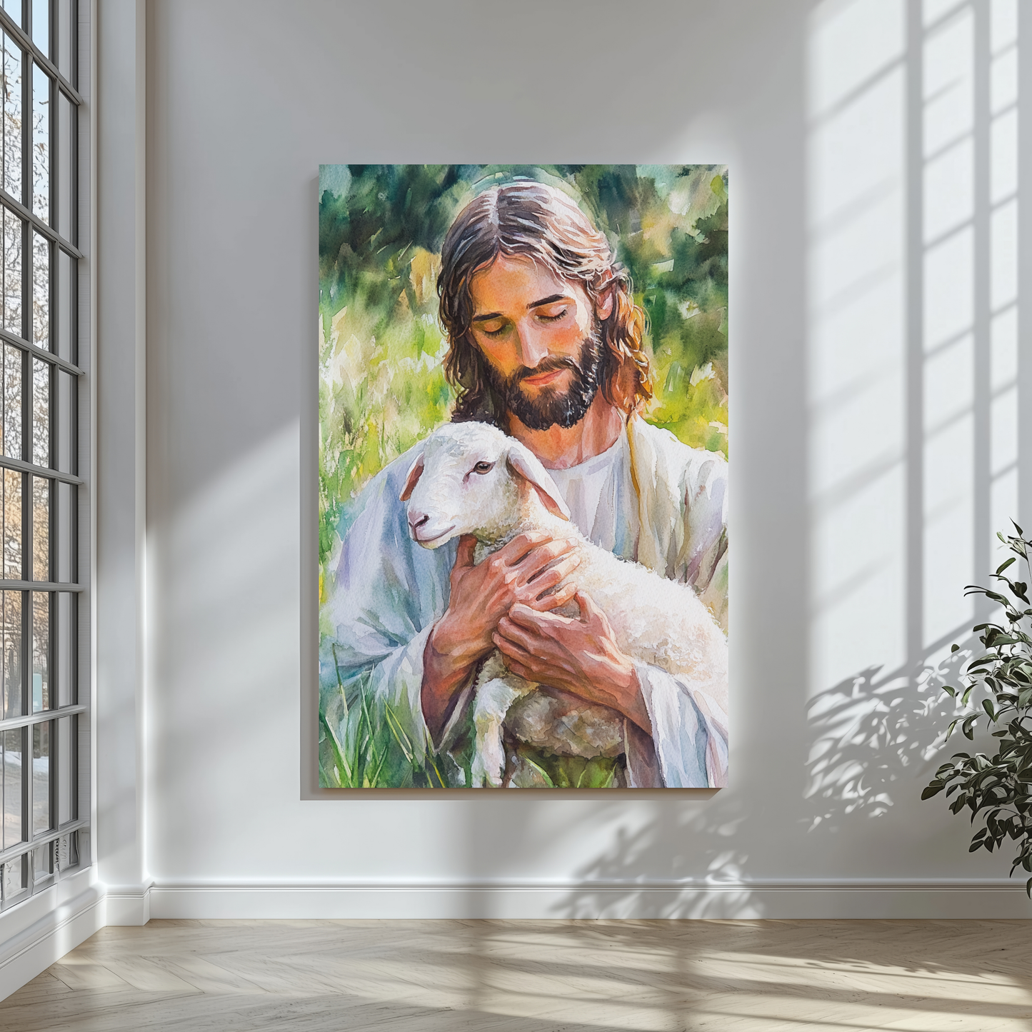 Canvas wall art of Jesus holding a lamb, Christian home decor, peaceful spiritual painting
