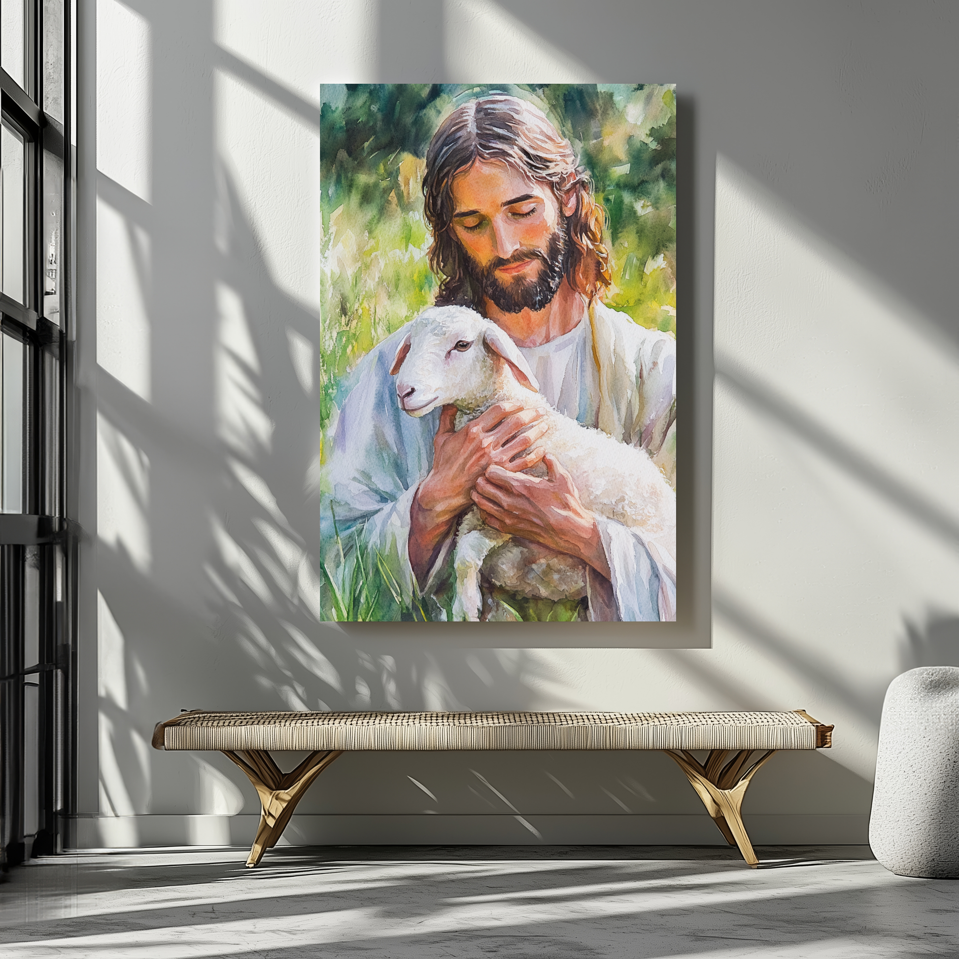 Canvas wall art of Jesus gently holding a lamb, Christian home decor in a sunlit modern room
