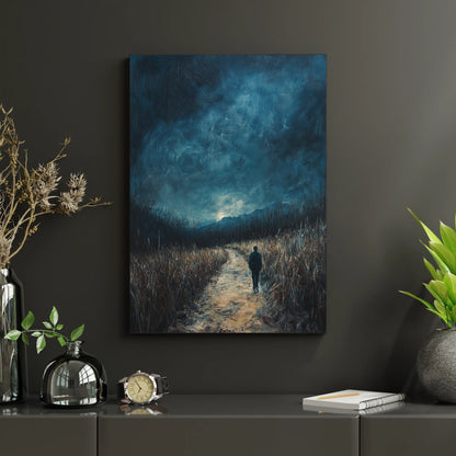 Christian wall art with a figure walking alone on a path under a moody night sky.