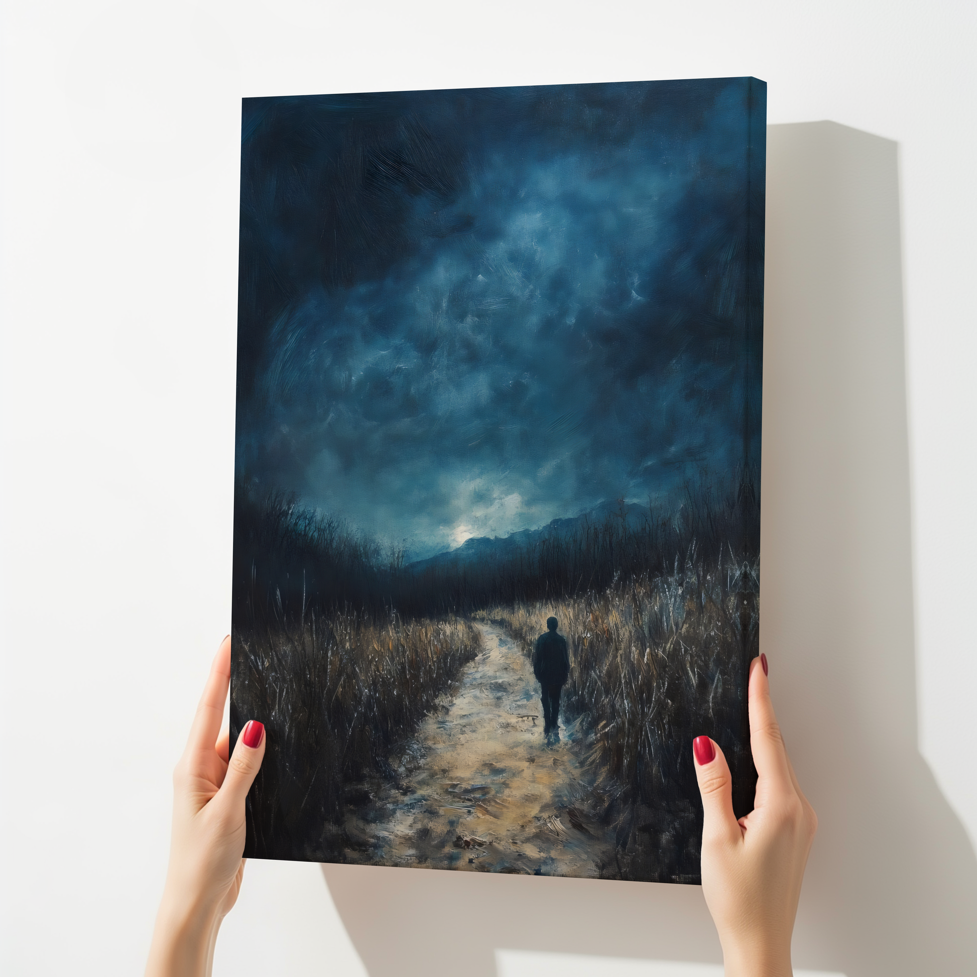 Person walking a winding path at night, spiritual wall art with moody blue sky.