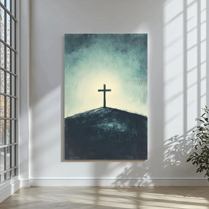 Minimalist Christian wall art featuring a solitary cross on a hill with a glowing sky background.
