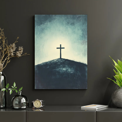Christian wall art canvas with solitary cross on hill, modern faith-inspired home decor