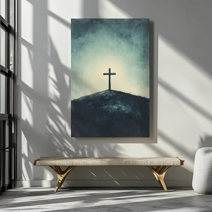 Minimalist Christian cross canvas art on a hill, modern spiritual wall decor in sunlit room