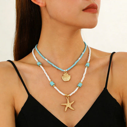 Layered Shell Pearl Starfish Pendant Bohemian Necklace – product view 9