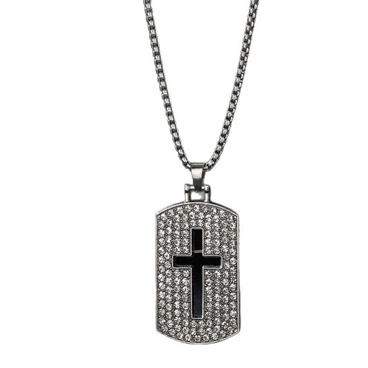 Silver-tone dog tag pendant with a dark cross detail