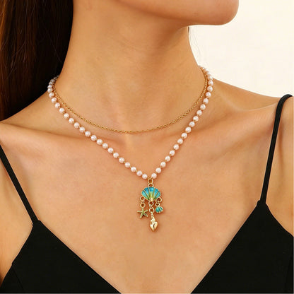 Layered Shell Pearl Starfish Pendant Bohemian Necklace – product view 26