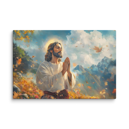 Christian wall art of Jesus praying amid autumn leaves and mountains, spiritual home decor