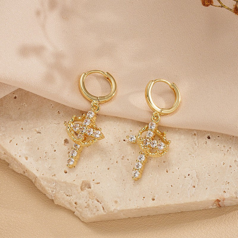 Rotating Crown Cross Crystal Ear Clip – product view 4