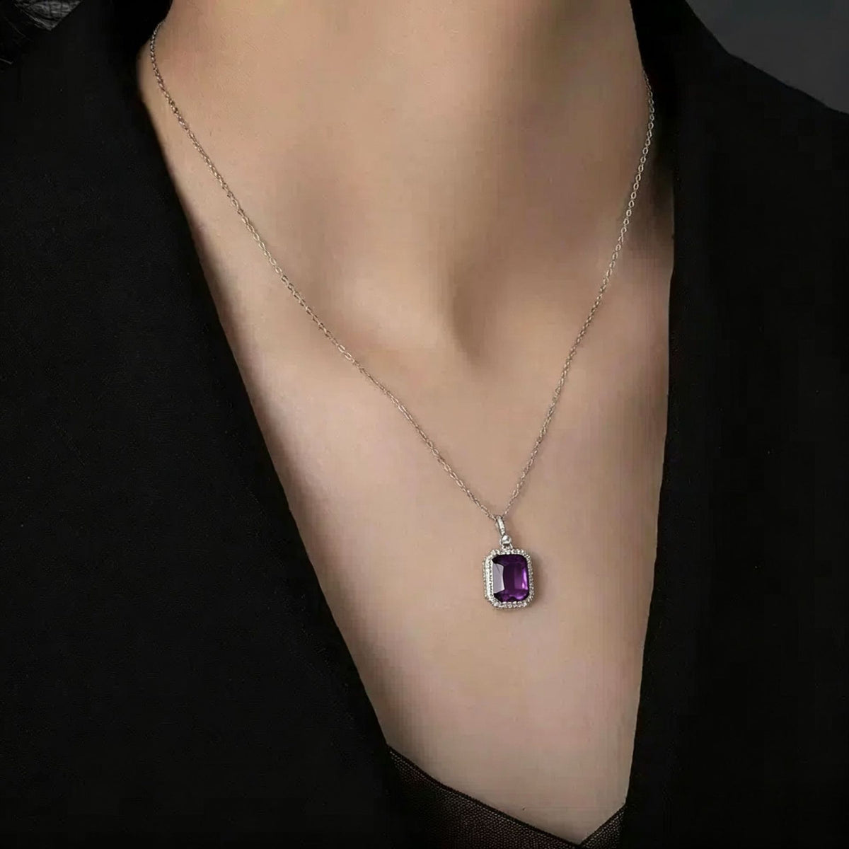 Square Crystal Geometric Necklace with Cross Chain – product view 2