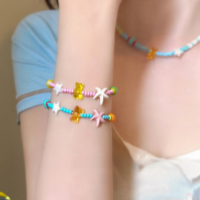 Colorful Beaded Bear Clavicle Necklace and Bracelet – product view 1