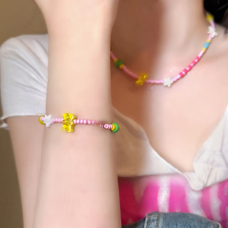 Colorful Beaded Bear Clavicle Necklace and Bracelet – product view 8