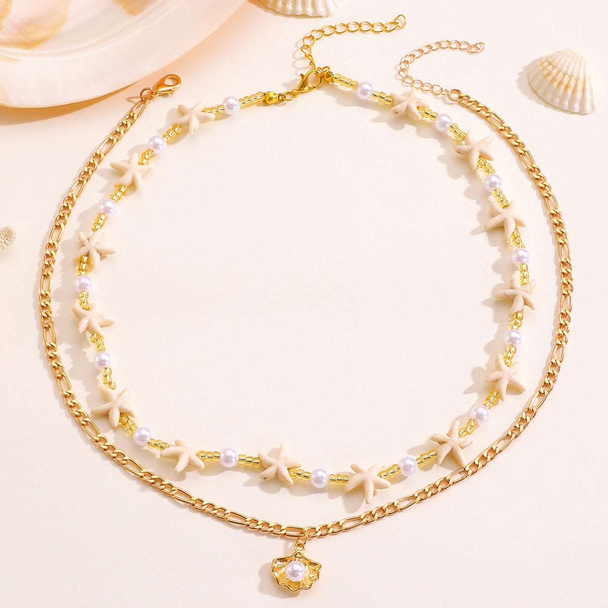 Shell & Imitation Pearl Layered Necklace – product view 2