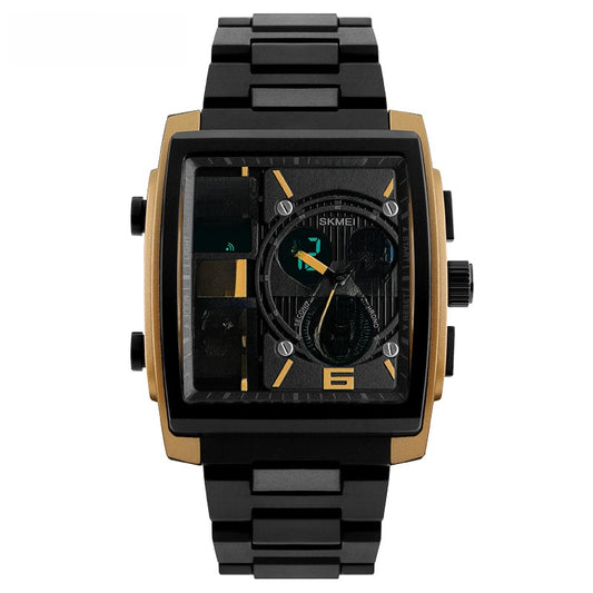 Rectangular watch face with colored dial details and a dark metal-style bracelet