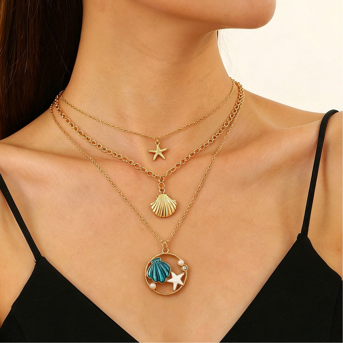 Layered Shell Pearl Starfish Pendant Bohemian Necklace – product view 27