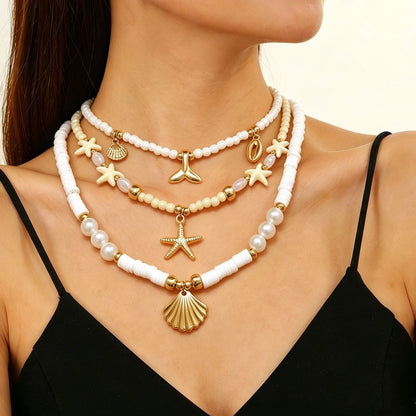 Layered Shell Pearl Starfish Pendant Bohemian Necklace – product view 17