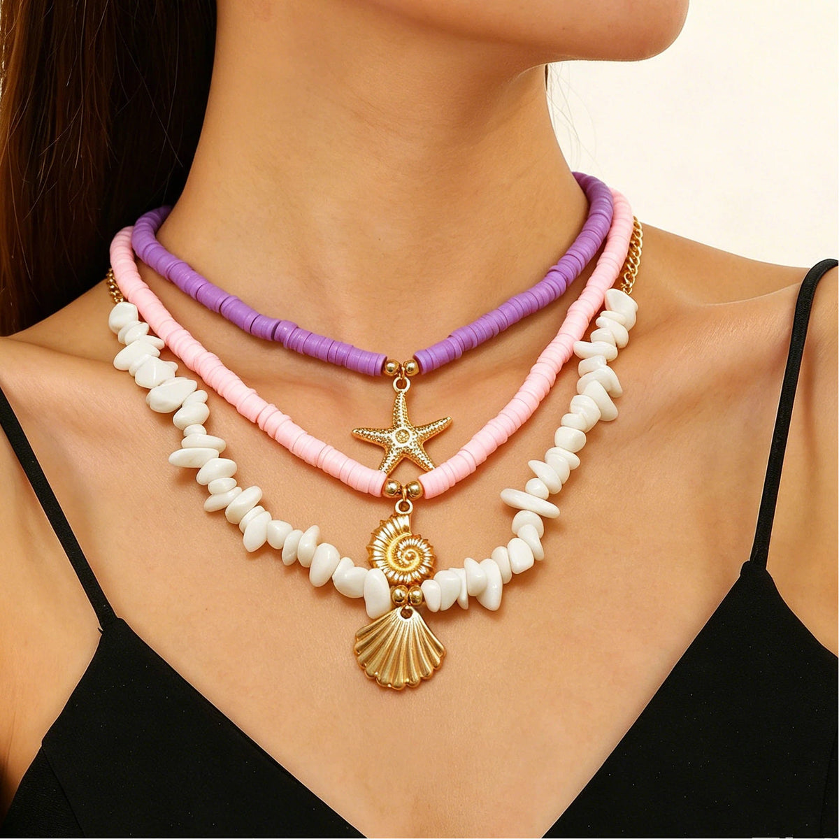 Layered Shell Pearl Starfish Pendant Bohemian Necklace – product view 16