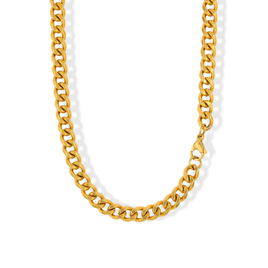 Gold-tone Cuban chain with lobster clasp on a white background