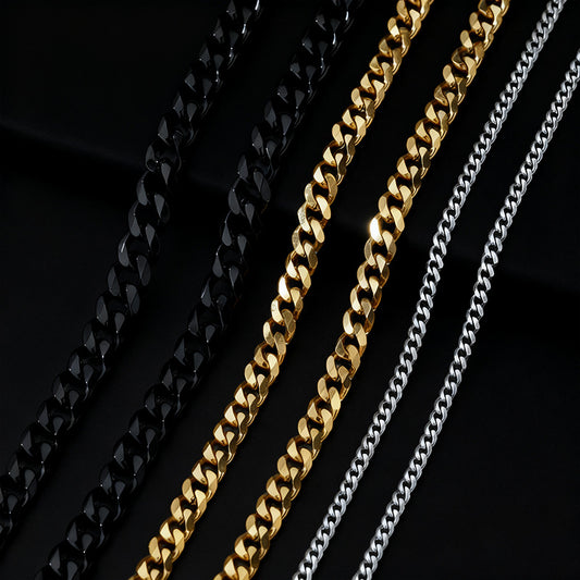 Cuban link chains in silver-tone, black and gold-tone finishes