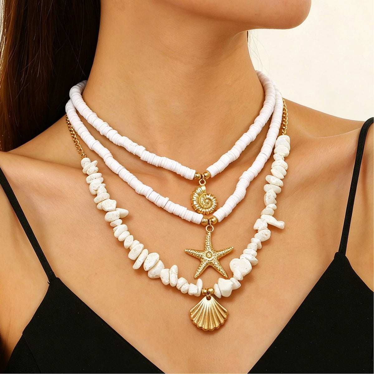 Layered Shell Pearl Starfish Pendant Bohemian Necklace – product view 14